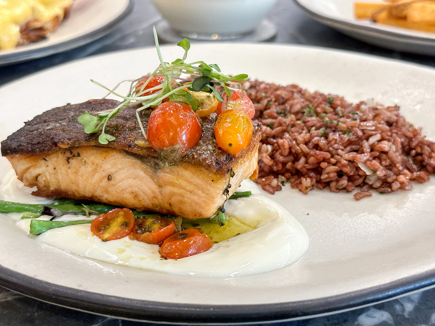 Pan-seared salmon with red rice
